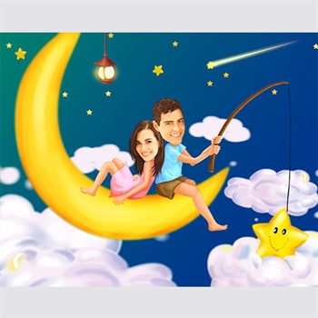 Fantasy Caricature of A Couple Sitting on the Moon,couple caricature,from Photos,by myDaVinci - myDaVinci